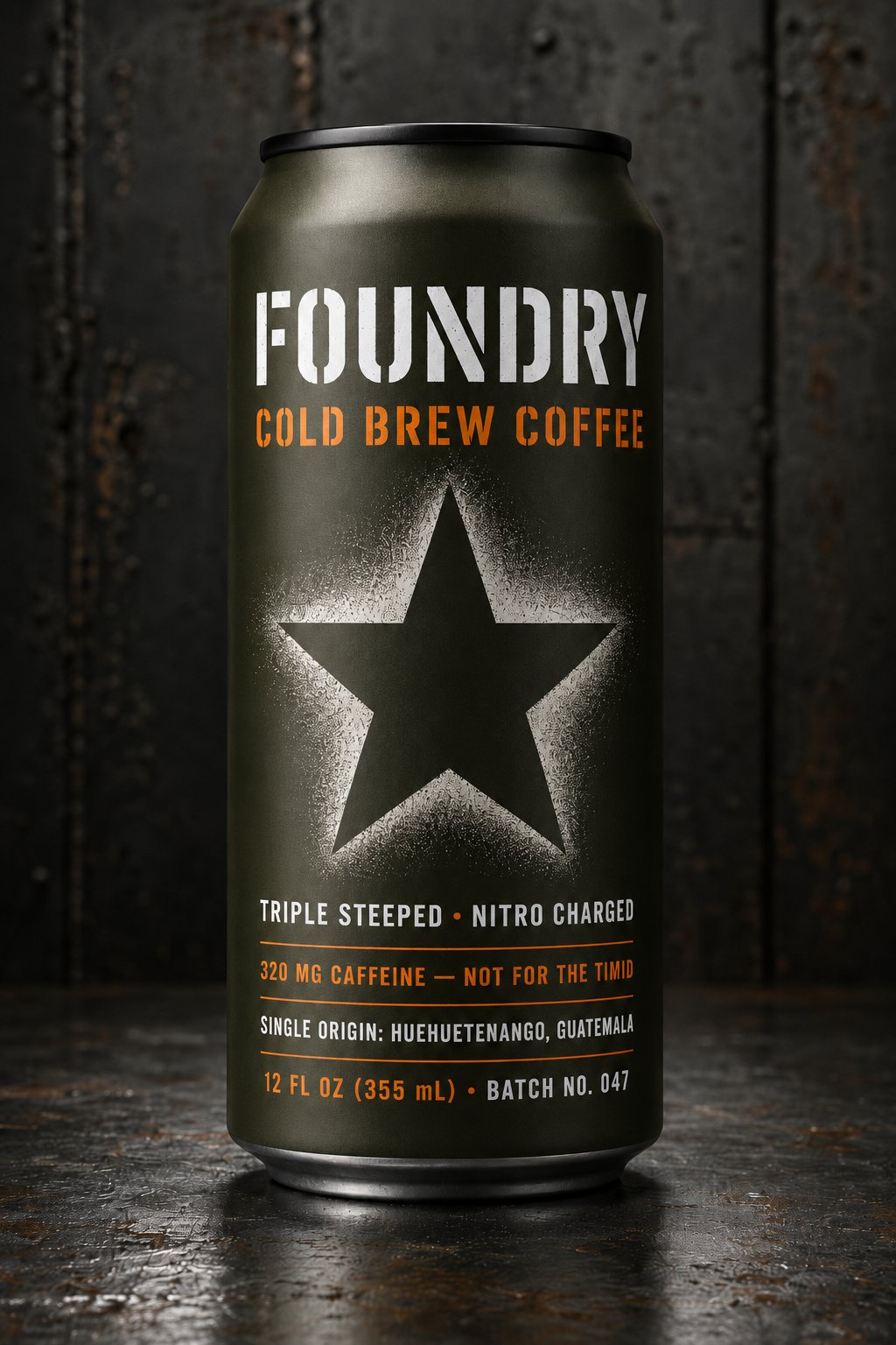 FOUNDRY cold brew coffee can — packaging specimen set by hand with the Stet method