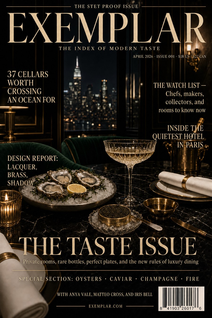 EXEMPLAR luxury magazine cover, 13 text fields — made by the Stet press, every letter exact